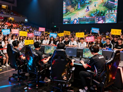 电竞比赛新闻配图，五名电竞选手坐在专业电竞椅上全神贯注地比赛，身后大屏幕实时显示游戏画面，观众席挤满年轻粉丝举着应援牌。